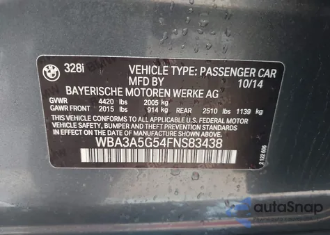 2015 BMW 328I from USA, damaged, VIN WBA3A5G54FNS83438
